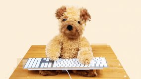 A teddy bear with a computer keyboard on his lap typing with overlayed data and HUD info. Glitch effect