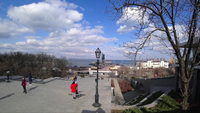 View of the Potemkin Stairs in the city of Odesa. Timelapse. People walking. Ukraine. Europe
