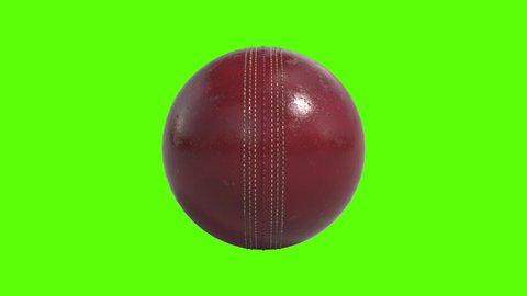 Side on view of a 3D cricket ball slowly rolling on the spot. Shiny red cricket ball in a continuous roll perfect for sports advertising. 4K clip at 30fps for smooth motion with a green screen.
