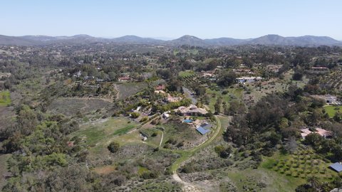 Aerial view of Rancho Santa Fe neighborhood with big mansions with pool in San Diego, California, USA. Aerial view of residential modern luxury house.