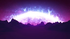 Retro wave style 4K animation. Hills, mountains silhouettes. Digital landscape. Bright purple, blue colors. Abstract glowing radial shine on background. Space energy motion. Cosmic dust. 3D Render - Powered by Shutterstock - Get 15% off with code: PIKWIZARD15