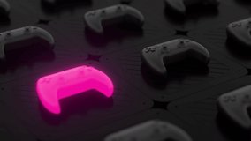 Black joysticks on a black textured surface. Pink glowing objects on the background. Depth of field. Gamepads on glossy table background. Gamer concept. 3d loop animation of 4K - Powered by Shutterstock - Get 15% off with code: PIKWIZARD15