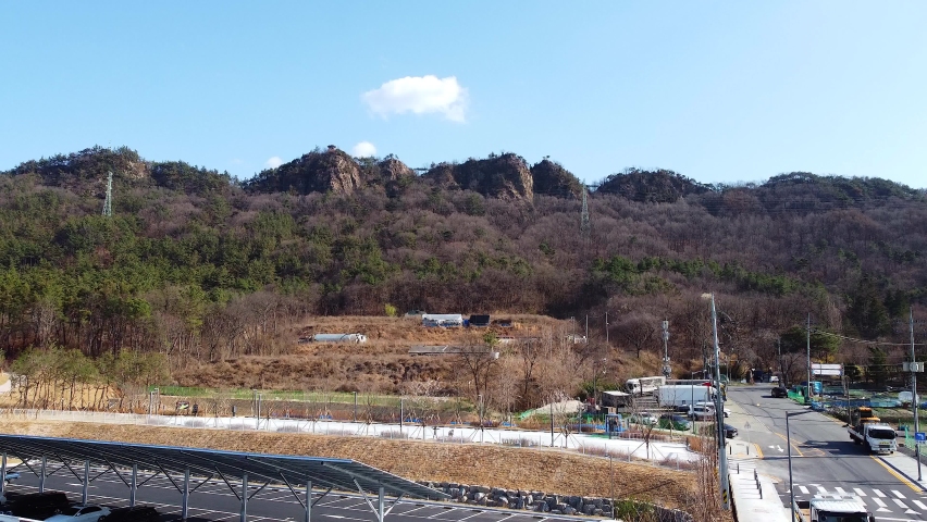 Aerial view of Gubongsan Mountain and surrounding roads in Daejeon, Korea