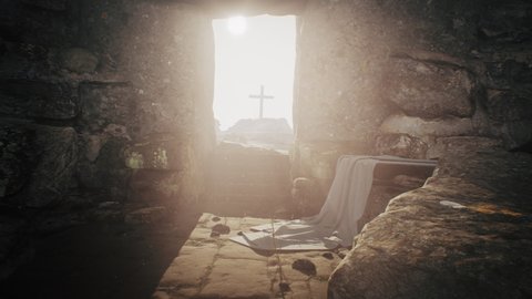Zoom out view of door opening into sunlit old tomb and revealing holy cross on day of Jesus Christ resurrection on easter morning
