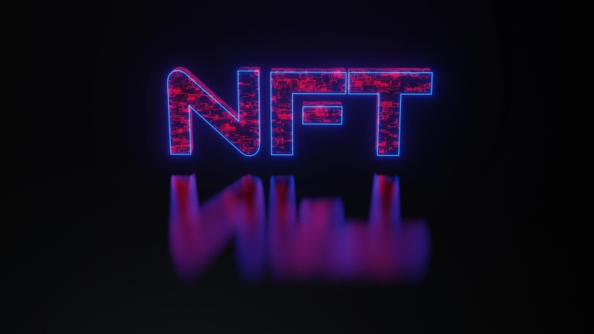 Non-fungible token concept, NFT word with red wires and neon contours tech surface on black seamless rotation, 3D rendering Royalty-Free Stock Footage #1069625815