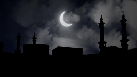 Kaaba of Mecca by Night with Crescent Moon, Clouds and Minarets of Great Mosque of Makkah in Silhouette, Saudi Arabia