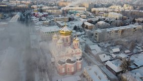 Aerial view of Orel, winter footage, Smolensk church