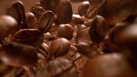 Super Slow Motion Detail Shot of Coffee Beans Falling Down on Brown Gradient Background at 1000fps. 库存视频