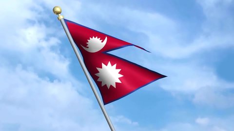 Nepal, 3D flag of Nepal waving in the wind on sky background.