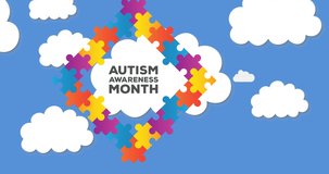 Animation of autism awareness month text in frame formed with puzzles over clouds on blue sky. autism and learning difficulties support and awareness concept digitally generated video.