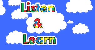Animation of listen and learn text in autism awareness puzzles over white clouds on blue sky. autism and learning difficulties support and awareness concept digitally generated video.