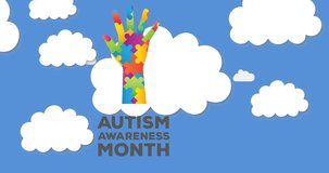 Animation of autism awareness month over hand formed with puzzles over clouds on blue sky. autism and learning difficulties support and awareness concept digitally generated video.