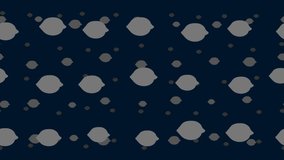 Lemon symbols float horizontally from left to right. Parallax fly effect. Floating symbols are located randomly. Seamless looped 4k animation on dark blue background