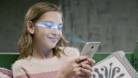 Smart Phone Technology Using Facial Recognition Biometrics Iris. Person Use Face Id on Device. Young Beautiful Girl and Hi-tech 3d Detection Portrait. Futuristic Scanned Cyber Security People Id 4k - Powered by Shutterstock - Get 15% off with code: PIKWIZARD15