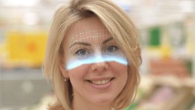 Modern Technology Using Facial Recognition Biometrics People. Person Face Id. Young Beautiful Woman Looking at Camera and Hi-tech Detection Portrait. Scanned Cyber Security Protection Id Close-up 4k - Powered by Shutterstock - Get 15% off with code: PIKWIZARD15