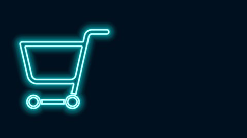 Glowing neon line Shopping cart icon isolated on black background. Online buying concept. Delivery service sign. Supermarket basket symbol. 4K Video motion graphic animation.