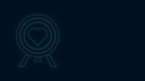 Glowing neon line Heart in the center of darts target aim icon isolated on black background. Valentines day. 4K Video motion graphic animation.