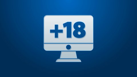 White line Computer monitor with 18 plus content icon isolated on blue background. Age restriction symbol. Sex content sign. Adult channel. 4K Video motion graphic animation.