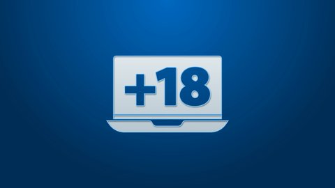 White line Laptop with 18 plus content icon isolated on blue background. Age restriction symbol. Adult channel. 4K Video motion graphic animation.
