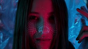 Modern Technology Using Facial Recognition Biometrics People. Person Face Id. Young Beautiful Female Looking at Camera and Hi-tech Detection Portrait. Scanned Cyber Security Protection Id Close-up 4k - Powered by Shutterstock - Get 15% off with code: PIKWIZARD15