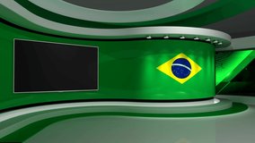 TV studio. Brazilian flag.  News studio. Loop animation. Background for any green screen or chroma key video production. 3d render. 3d