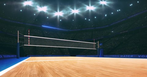 Spotlights shining above the volleyball court and view of the player from the back line. Sport arena lighting up in 4k background animation.
