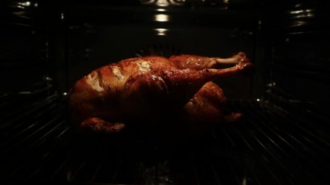 Roasting a whole turkey in the oven for a family Thanksgiving dinner, Roasting chicken golden brown. Video Stok