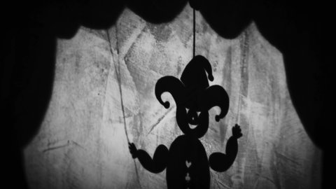 Creepy cartoon with a dancing, medieval jester. Craziness and madness, old legend. Shadow theatre, pantomime. Crazy dance, spooky story for children. Epic fantasy tale.