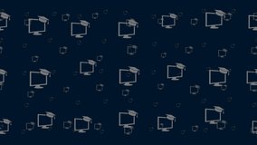 Distance learning symbols float horizontally from left to right. Parallax fly effect. Floating symbols are located randomly. Seamless looped 4k animation on dark blue background