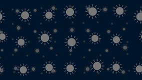 Suns float horizontally from left to right. Parallax fly effect. Floating symbols are located randomly. Seamless looped 4k animation on dark blue background