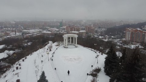 The symbol of Poltava. White gazebo. Drone video. Ukraine, Poltava, February 2021.