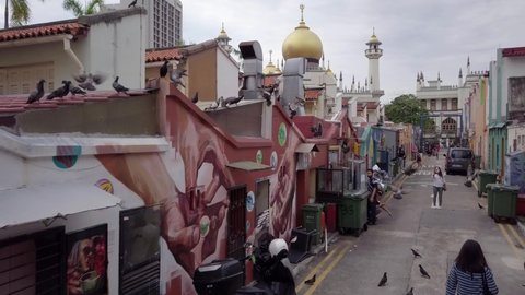 Back alley drone footage revealing Sultan Mosque (Masjid Sultan) in Kandahar street - Singapore Circa Sep 2020.