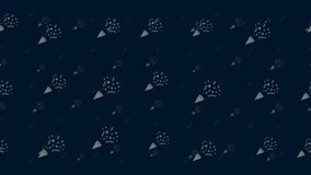 Exploding party poppers float horizontally from left to right. Parallax fly effect. Floating symbols are located randomly. Seamless looped 4k animation on dark blue background