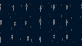 Torch symbols float horizontally from left to right. Parallax fly effect. Floating symbols are located randomly. Seamless looped 4k animation on dark blue background