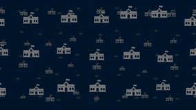 School building symbols float horizontally from left to right. Parallax fly effect. Floating symbols are located randomly. Seamless looped 4k animation on dark blue background