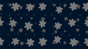 Narcissus flowers float horizontally from left to right. Parallax fly effect. Floating symbols are located randomly. Seamless looped 4k animation on dark blue background