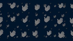 Hands float horizontally from left to right. Parallax fly effect. Floating symbols are located randomly. Seamless looped 4k animation on dark blue background