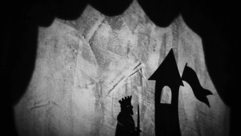 Old fairytale about a king's quest to rescue princess held in tower. Fantasy legend, epic tale about love. Shadow theatre, puppet animation.