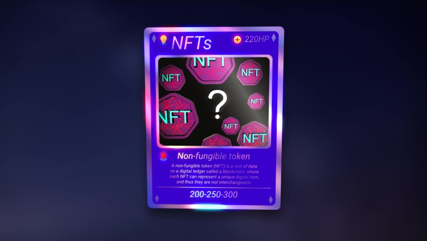 NFT explanation card. Loop animation, violet cyberpunk, collectible style card. 90's style collectible, very rare card design. Royalty-Free Stock Footage #1069680559