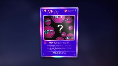 NFT explanation card. Loop animation, violet cyberpunk, collectible style card. 90's style collectible, very rare card design.