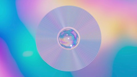 Abstract glass sphere with rotating rings suspended within a flowing spectrum vaporwave gradient, trendy colorful seamless 4K video loop in pastel neon colour