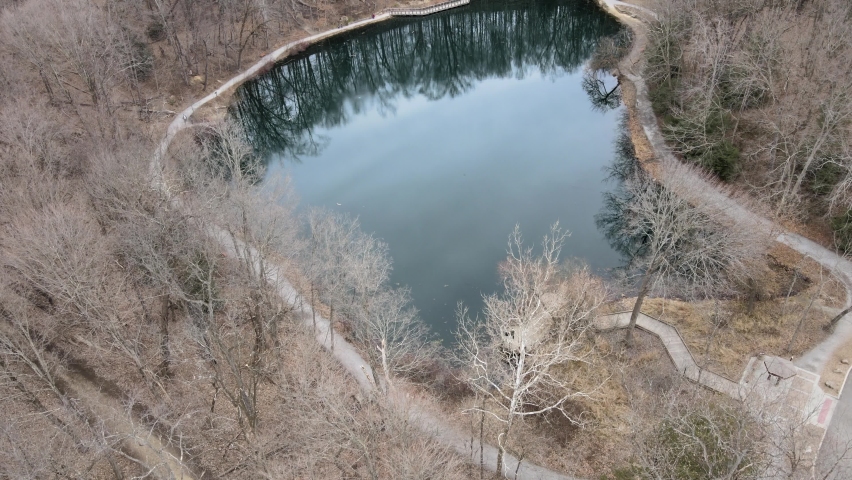 Drone flight above the popular Lily Pond at Mill Creek Park near Youngstown Ohio.
