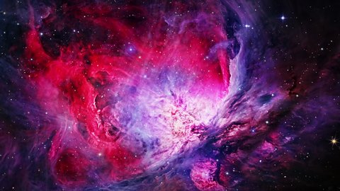4K 3D Space exploration to the Orion nebula. Flight Through Space diffuse nebula and clusters of stars in the Milky Way galaxy. It is one of the brightest nebulae. Elements furnished by NASA images.