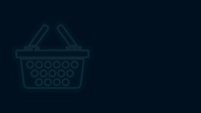 Glowing neon line Shopping basket icon isolated on black background. Online buying concept. Delivery service sign. Shopping cart symbol. 4K Video motion graphic animation.