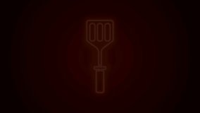 Glowing neon line Spatula icon isolated on black background. Kitchen spatula icon. BBQ spatula sign. Barbecue and grill tool. 4K Video motion graphic animation.