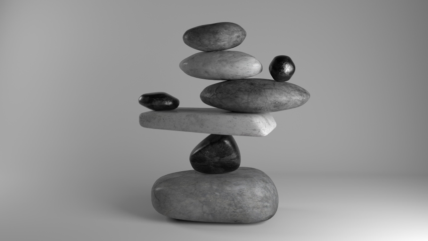 3d render animation of a pile of stones losing balance and falling. 4k whimsical motion graphics background. Zen and meditation concept. Black and white color palette.
 Royalty-Free Stock Footage #1069694320