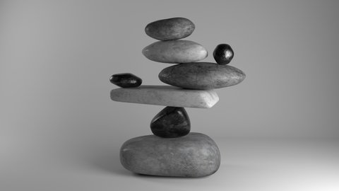 3d render animation of a pile of stones losing balance and falling. 4k whimsical motion graphics background. Zen and meditation concept. Black and white color palette.
