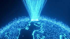 CPU technology background. 3d visualization A powerful processor on the planet earth emits a data stream up into space. Colorful blue digitizing process. Data transmission, futuristic industry. - Powered by Shutterstock - Get 15% off with code: PIKWIZARD15