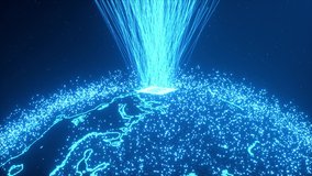 CPU technology background. 3d visualization A powerful processor on the planet earth emits a data stream up into space. Colorful blue digitizing process. Data transmission, futuristic industry. - Powered by Shutterstock - Get 15% off with code: PIKWIZARD15