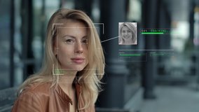 Modern Technology Using Facial Recognition Biometrics Portrait. Person Face Id. Young Beautiful Female Hi-tech 3d Detection Iris. Futuristic Scanned Cyber Security Protection People 4k Close-up Shot - Powered by Shutterstock - Get 15% off with code: PIKWIZARD15